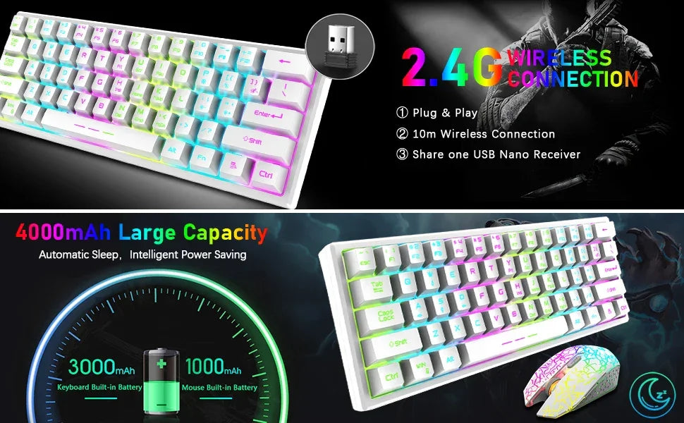 T61 Wireless Gaming Keyboard and Mouse Combo, Ergonomic 61 Key Rainbow LED Backlight Rechargeable 4000mAh Battery Mouse Pad - Evallys.com