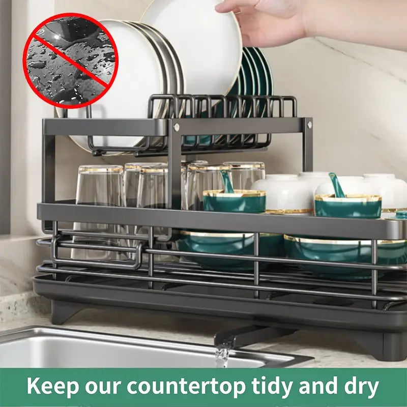 Dish Drying Rack for Kitchen Counter - Large Dish Rack with Drainboard, Adjustable Swivel SpoutRustproof Dish Drainer, Black