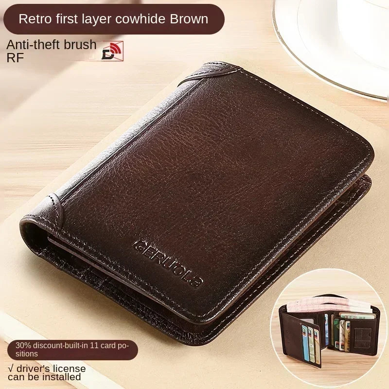 Men Wallet Genuine Leather Rfid Blocking Trifold Wallet Vintage Thin Short Multi Function ID Credit Card Holder Male Purse Money - Evallys.com
