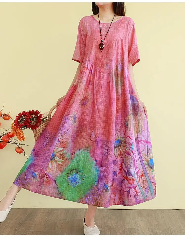Retro Cotton Linen Dress – Summer Print Loose Long Maxi Dress - Evallys.com