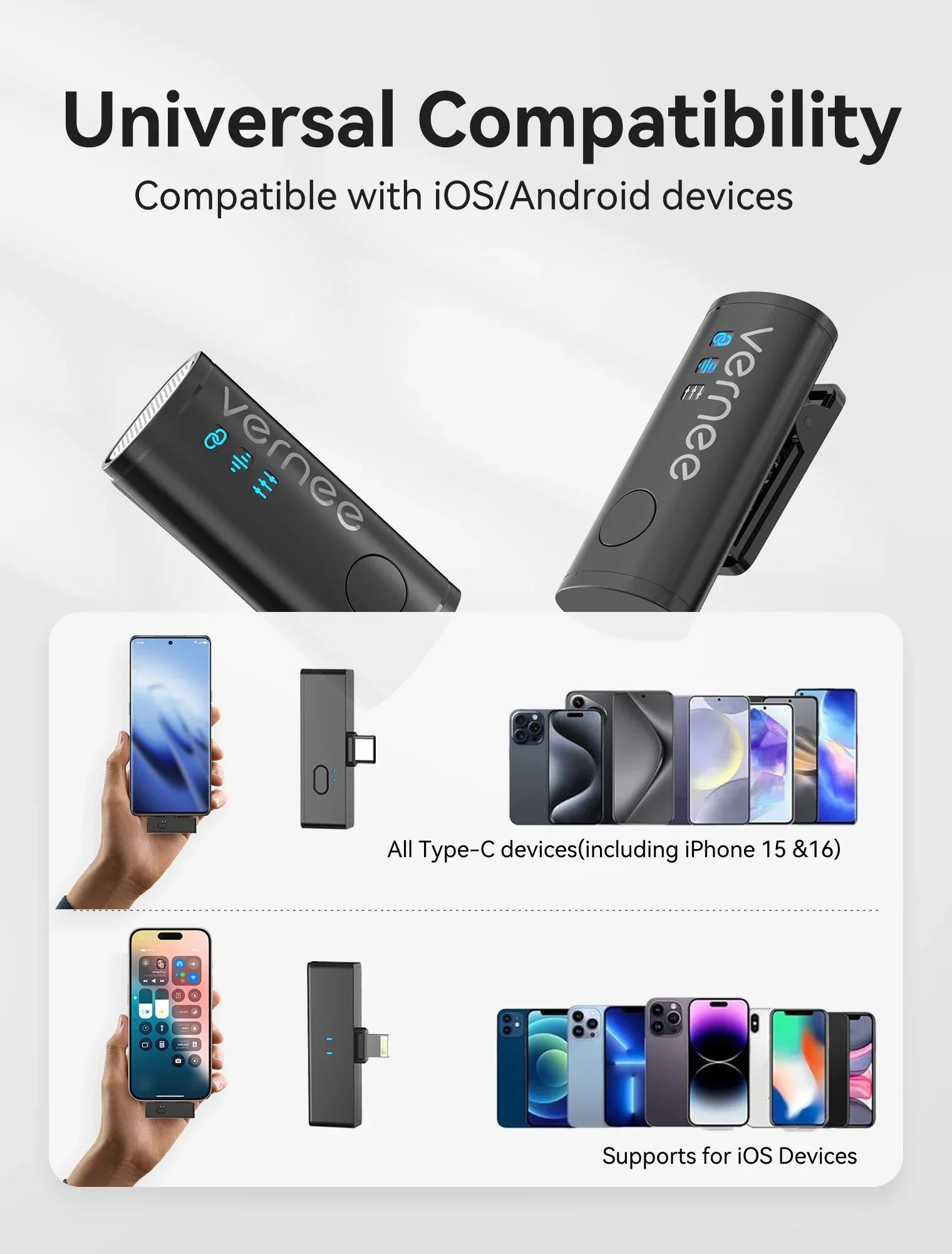 vernee V10 Wireless Lavalier Microphone 60M Noise Cancellation Vlog Short Video Recording Mini Mic for iPhone/Android - Evallys.com