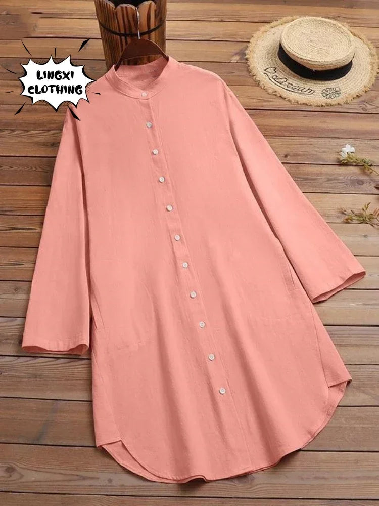 Elegant Cotton Linen Women’s Mid-Length Shirt – Casual Commuter Style - Evallys.com