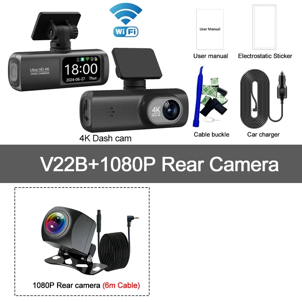 UHD 4K Dash Cam Dual Lens Driving Recorder Car DVR 1080P Rear Lens Camera Built-In WiFi GPS 24-Hour Parking Monitoring Black Box - Evallys.com
