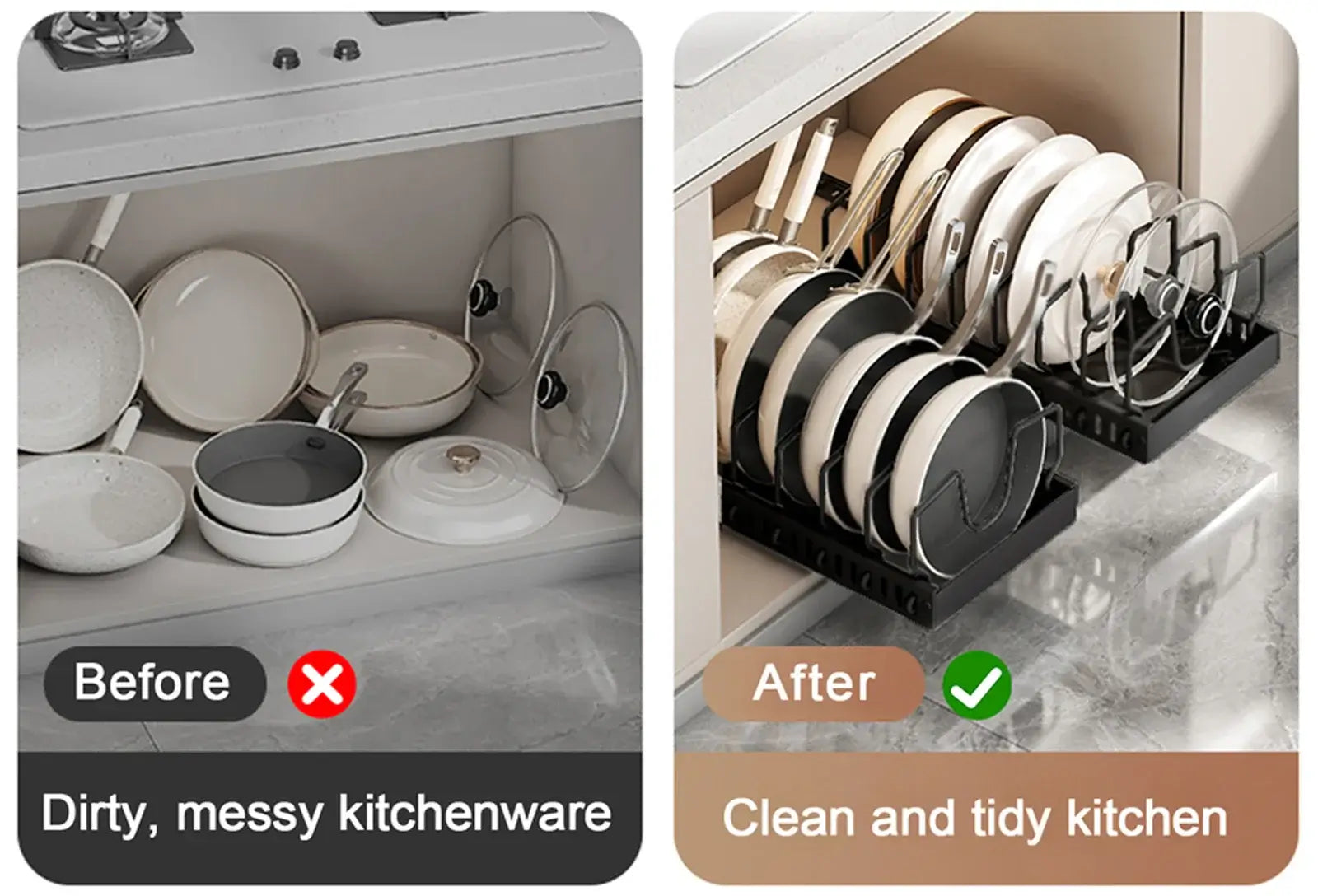 Pots and Pans Organizer Under Cabinet,Sliding Pot Lid Holder and Pan Rack Kitchen,Pull out Pot and Pan Organizer,Dishes Storage