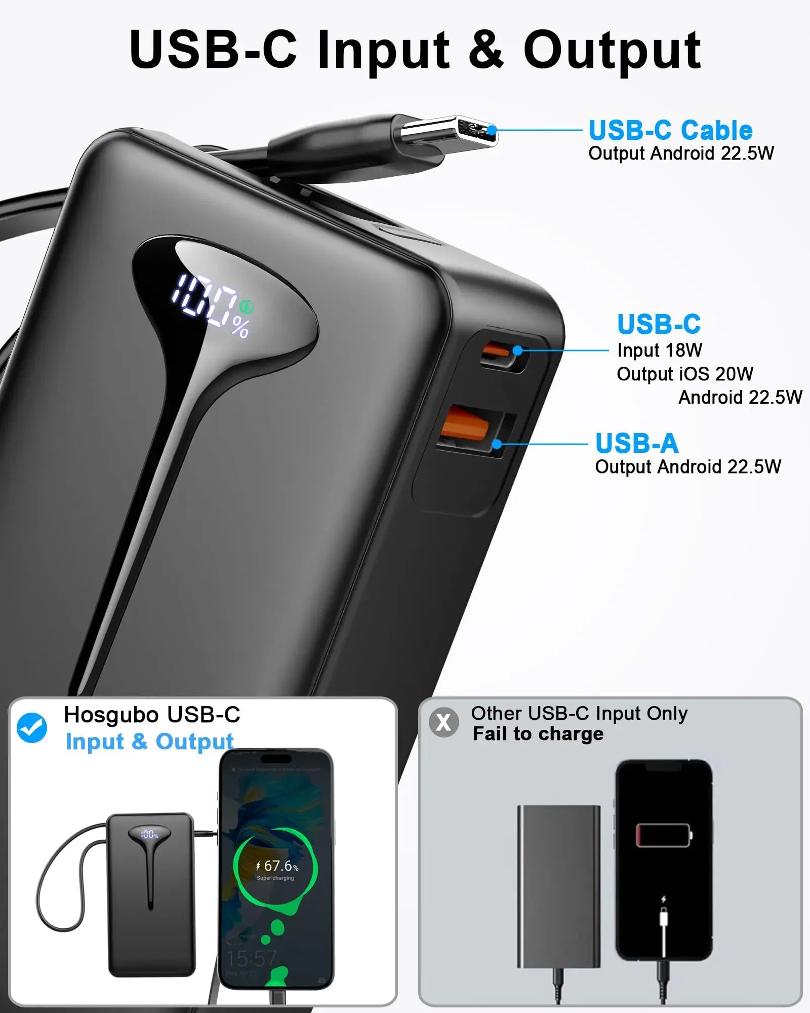 10000mAh Portable Charger Power Bank with 22.5W Fast Charging, USB-C In&Out, Built-in Cable,Travel Essentials for iPhone,Android - Evallys.com