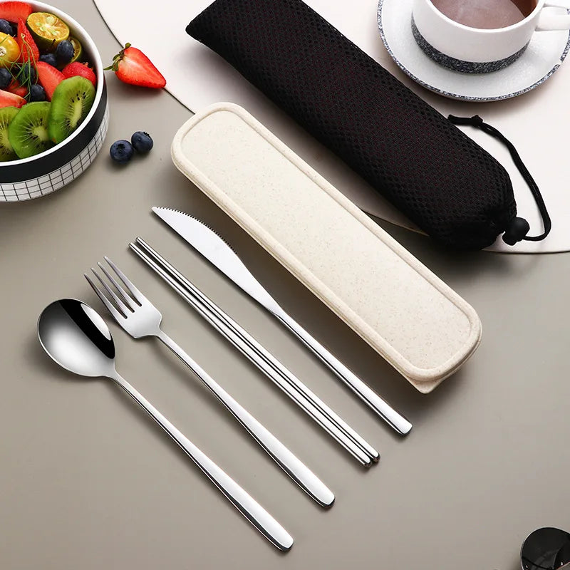 Portable Cutlery Set for Camping & Travel 4pcs Stainless Steel Knife, Fork, Spoon Kit with Storage Box