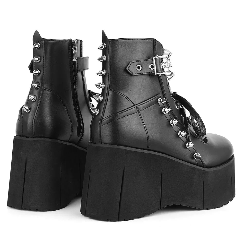 GIGIFOX Goth Punk Stylish High Platform Ankle Boots For Woman High Wedges Heel Side Zipper Round Toe Metal Rivet Punk Girl Boots - Evallys.com