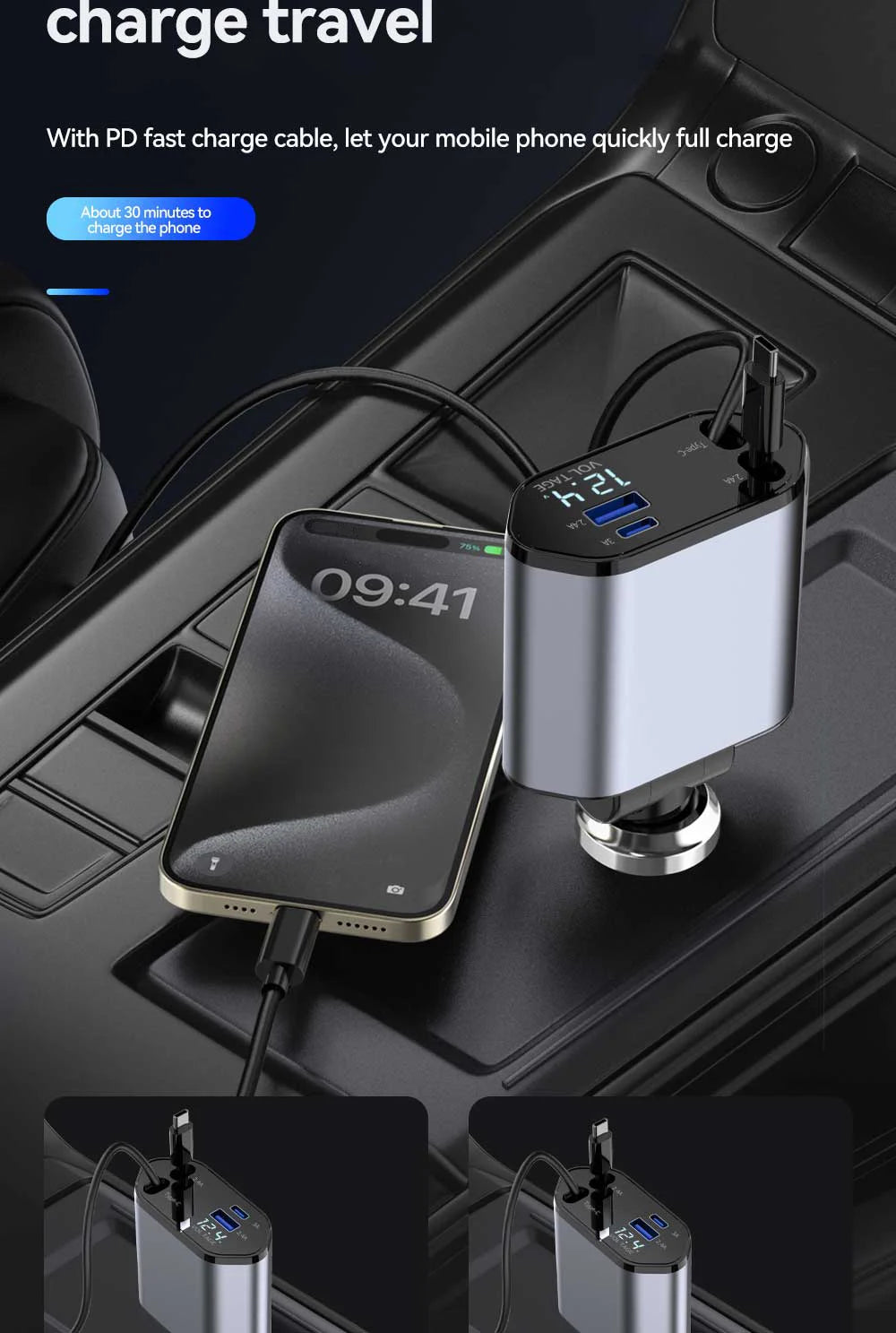 120W 4 in 1 Car Charger Retractable Car Cigarette Lighter Adapter USB Type C Fast Charger Cable For IPhone Xiaomi Huawei Samsung