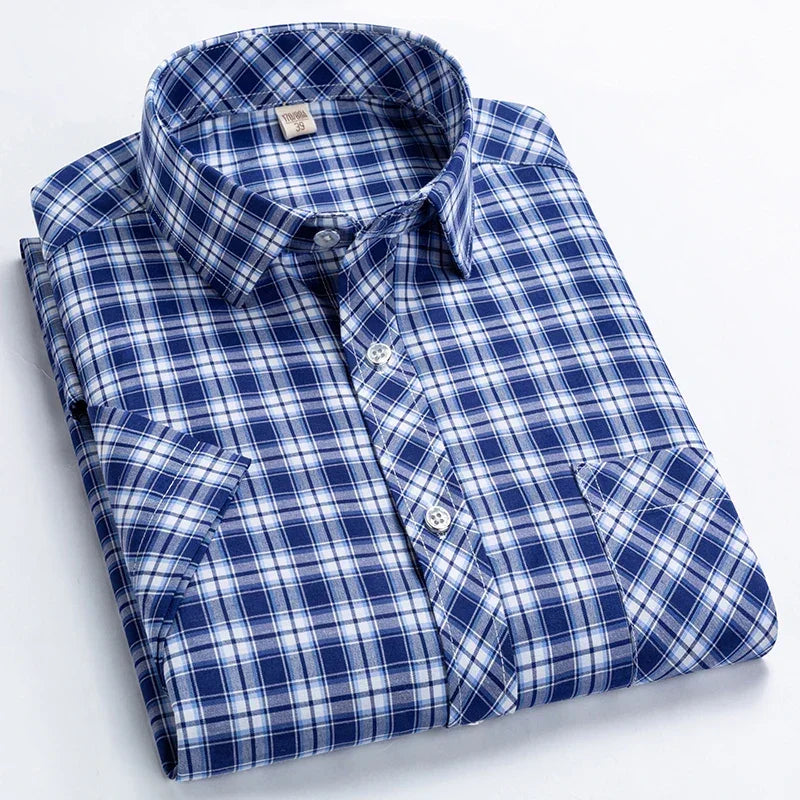 High Quality Men's Plaid Short Sleeve Shirts Business Casual Striped Turn-Down Collar Summer Man Shirt - Evallys.com