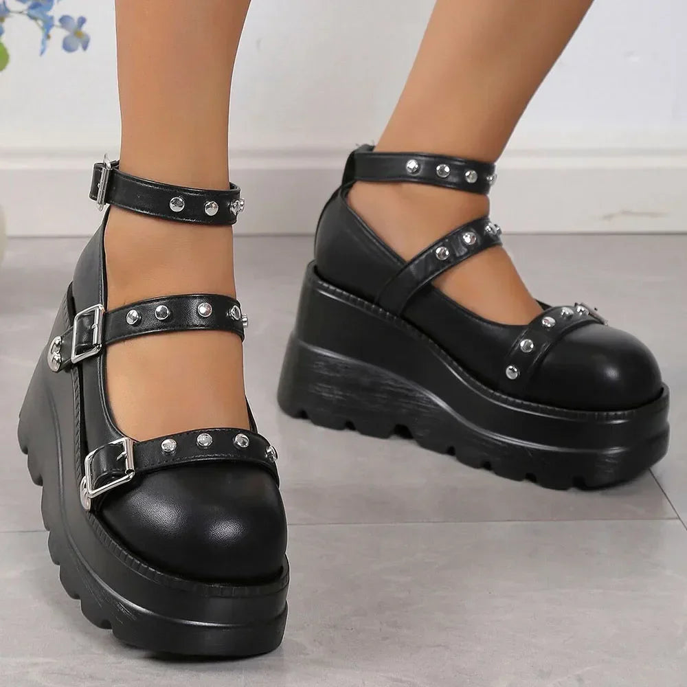 DoraTasia Retro INS Black Round Toe Heel Studded Punk Nightclub Ladies Mary Jane Y2 Lace Buckle Lolita Women's Shoes - Evallys.com