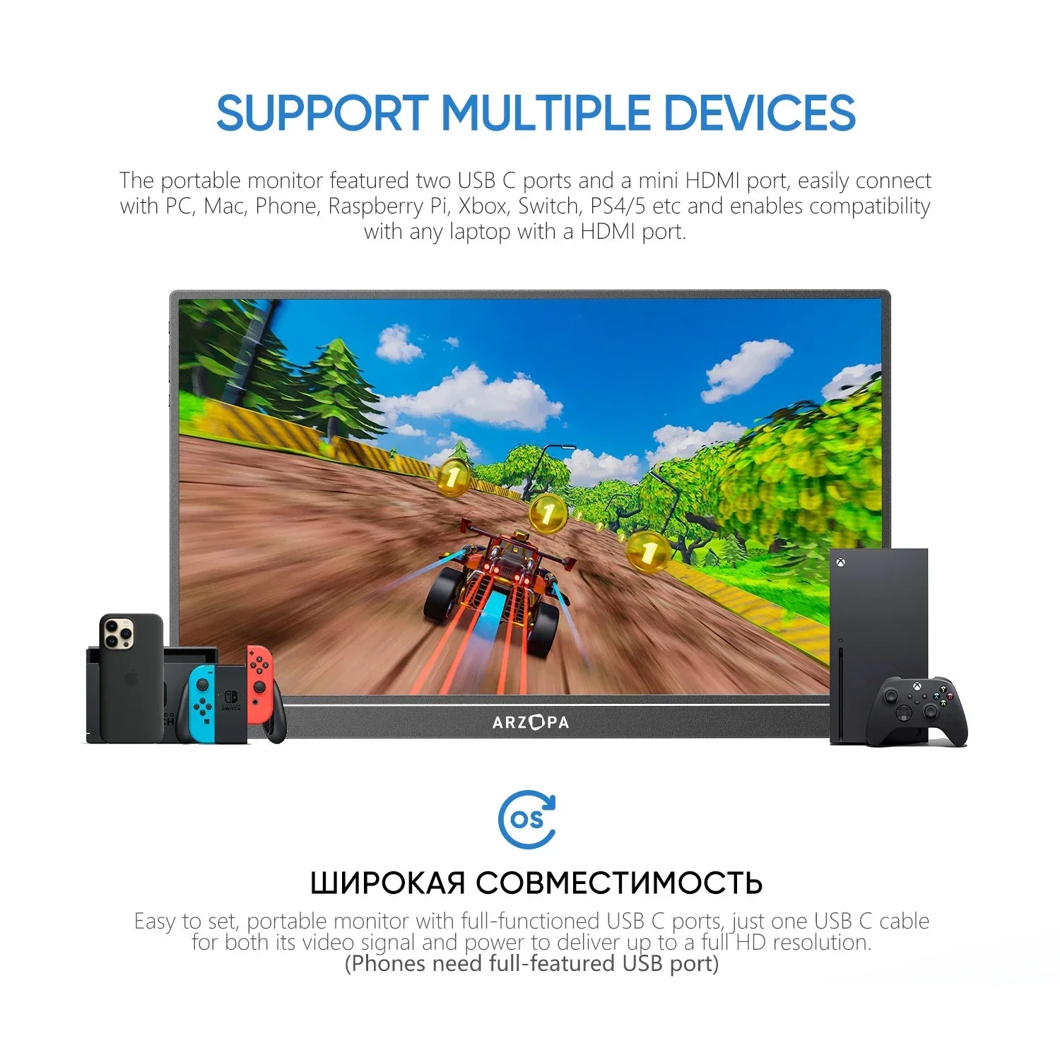 ARZOPA 1080P Portable Monitor 15.6 inch Monitors for Laptop MAC Switch Xbox Phone ps4 PC USB C HDMI-Compatible Computer Display - Evallys.com