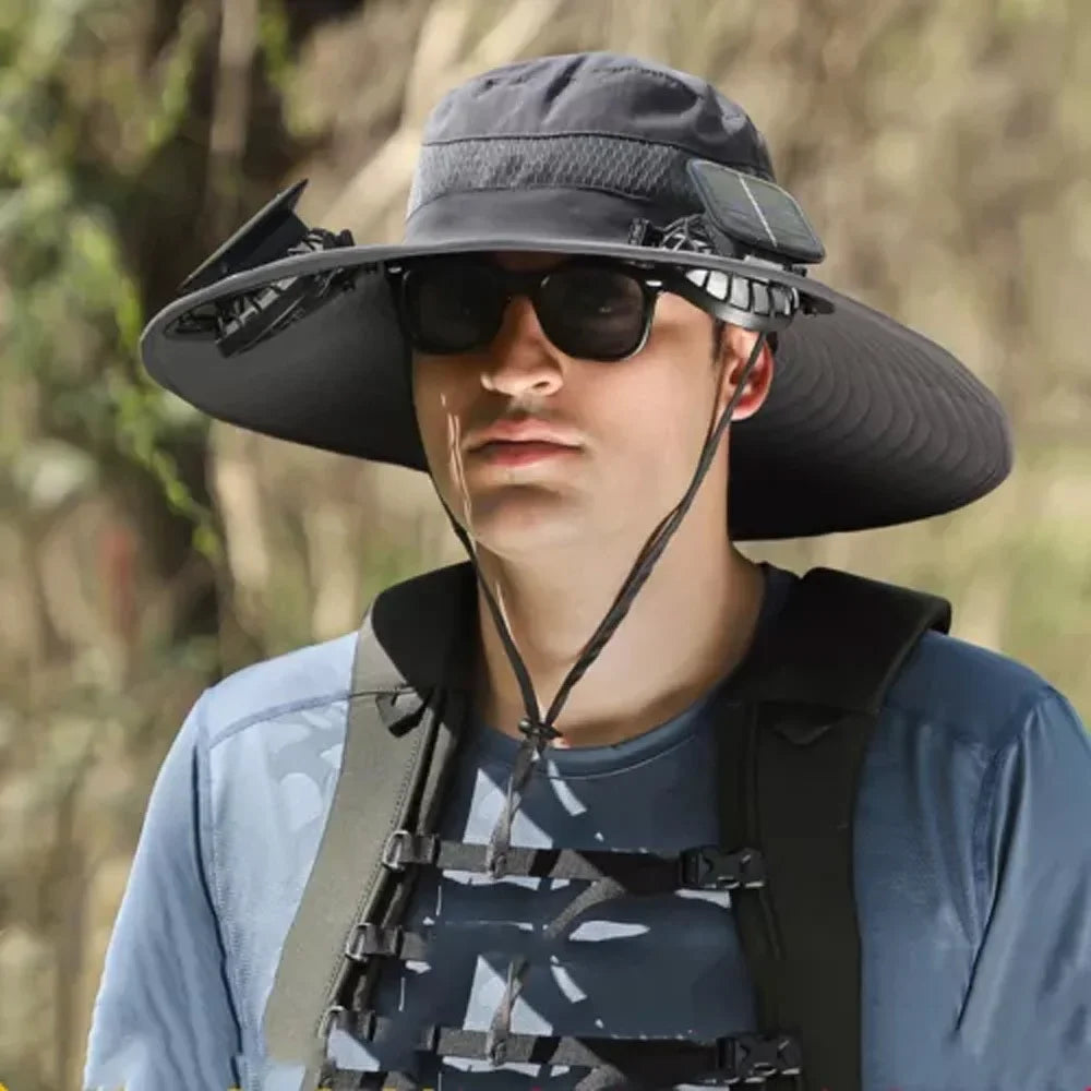 Solar Fan Sun Hat – Wide Brim Outdoor UV Protection Fishing Hat - Evallys.com