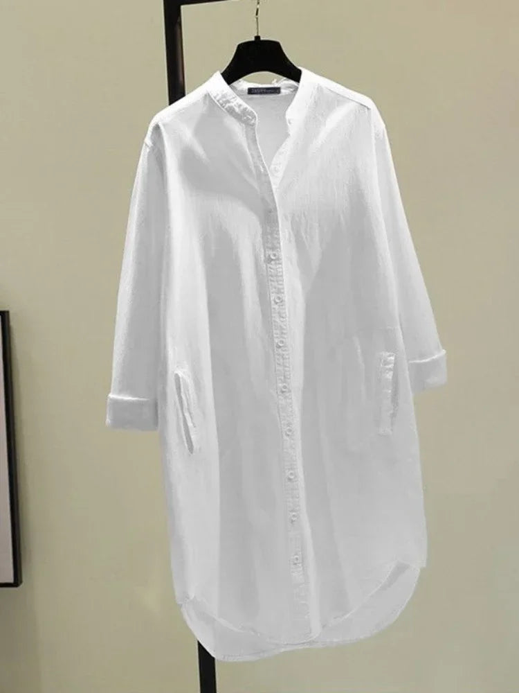 Elegant Cotton Linen Women’s Mid-Length Shirt – Casual Commuter Style - Evallys.com