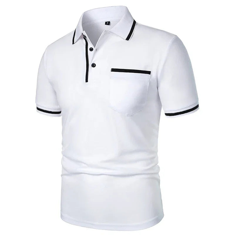 New Men's Short Sleeve Polo Shirts Solid Color Casual T-shirt Summer Trendy Breathable Loose Basic Splice Top Pockets Men Shirts - Evallys.com