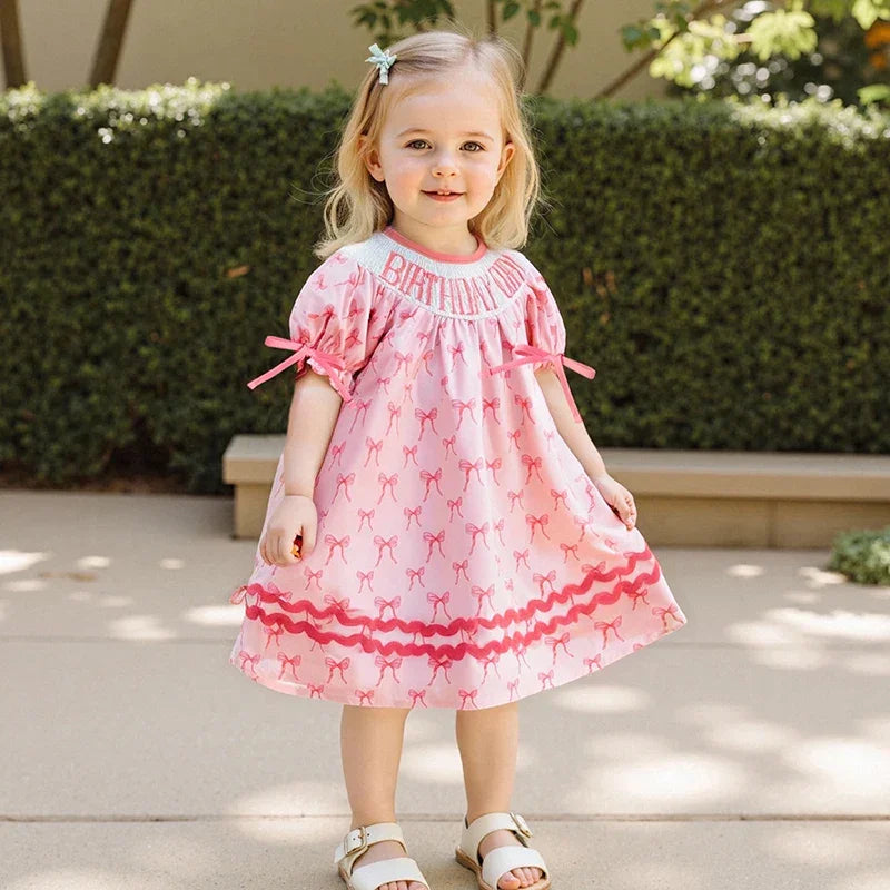 Toddler Girl Birthday Dress with Puff Sleeves and Embroidered Letters Smocked Summer Party Dress for Baby Girls - Evallys.com