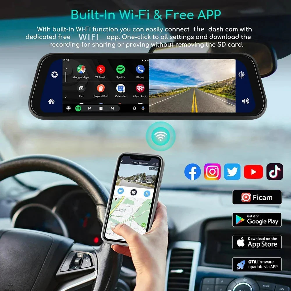 10" Dash Cam 4K 3840*2160P Car Dvr Carplay Android Auto GPS 5G WIFI AUX Stream RearView Mirror Dashcam Camera Drive Recorder FM - Evallys.com