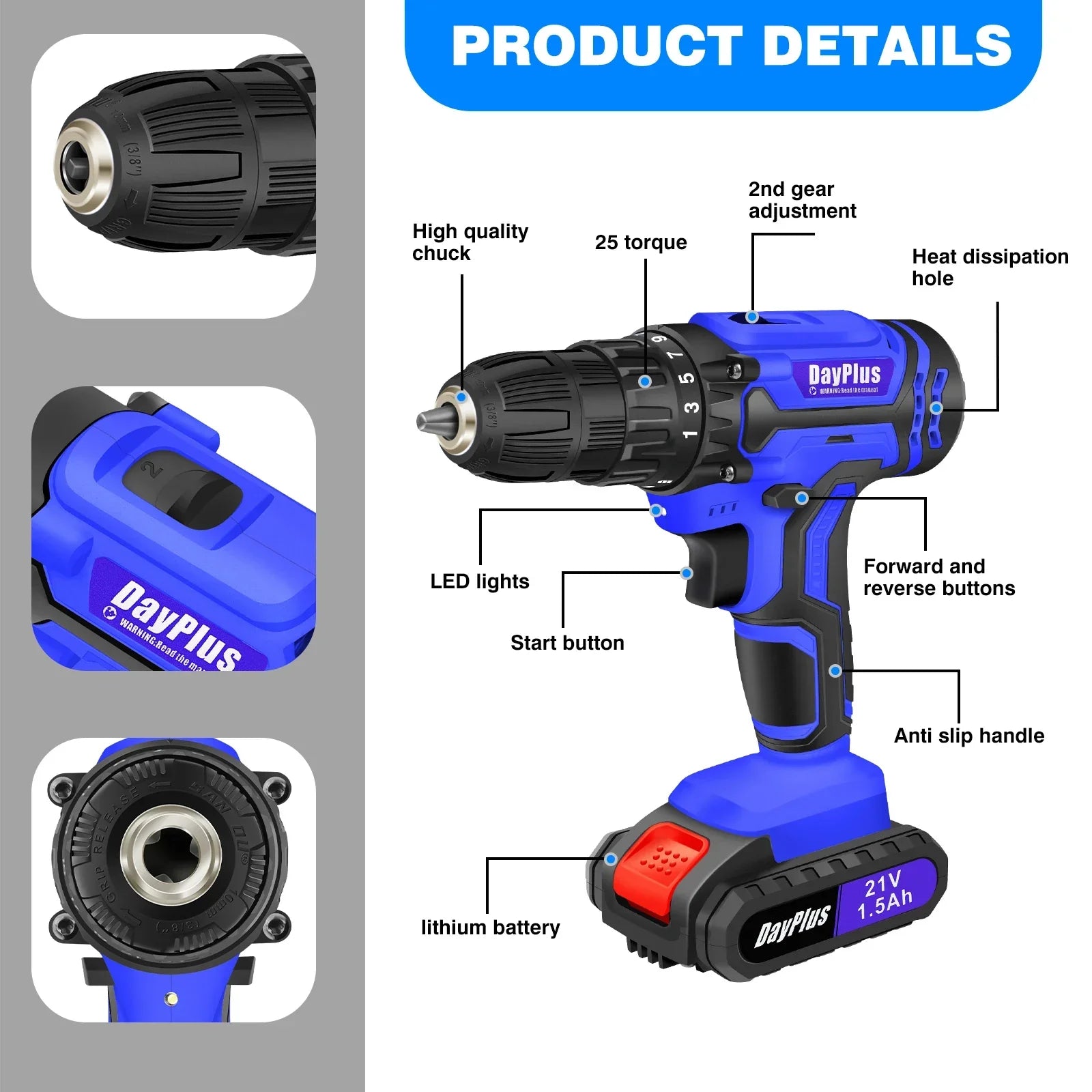 21V Cordless Power Drill,Handheld Screwdriver Drill Set with 25+1 Torque Setting,1.5AH Li-ion Battery&Fast Charger,2-Gear Drill - Evallys.com