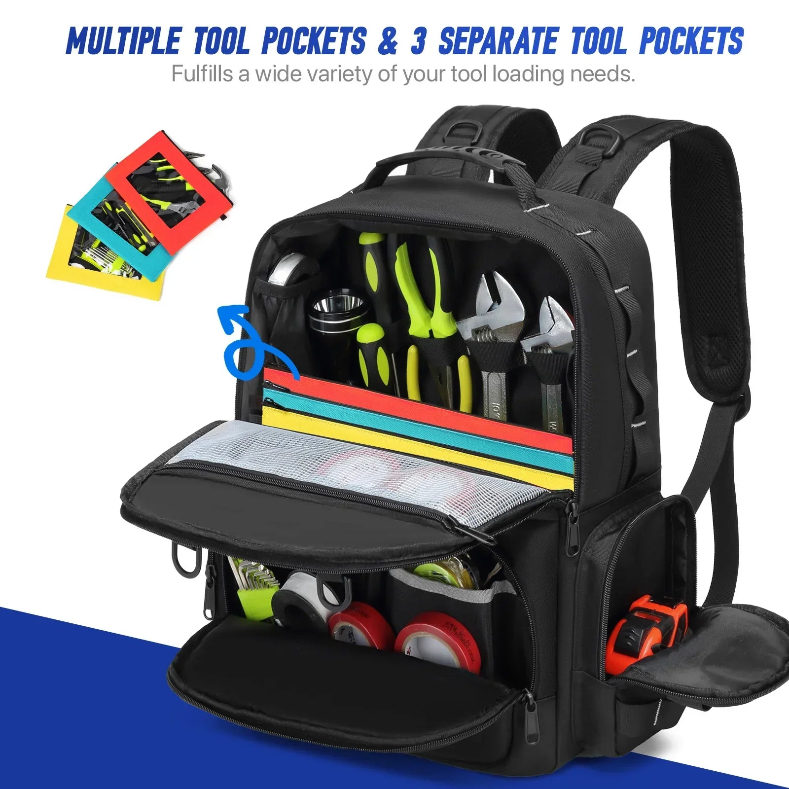 Tool Backpack Heavy Duty for Men Tool Storage With 3 Tool Pouches Organizer Electrician Plumber Maintenance Worker Tool Bags - Evallys.com