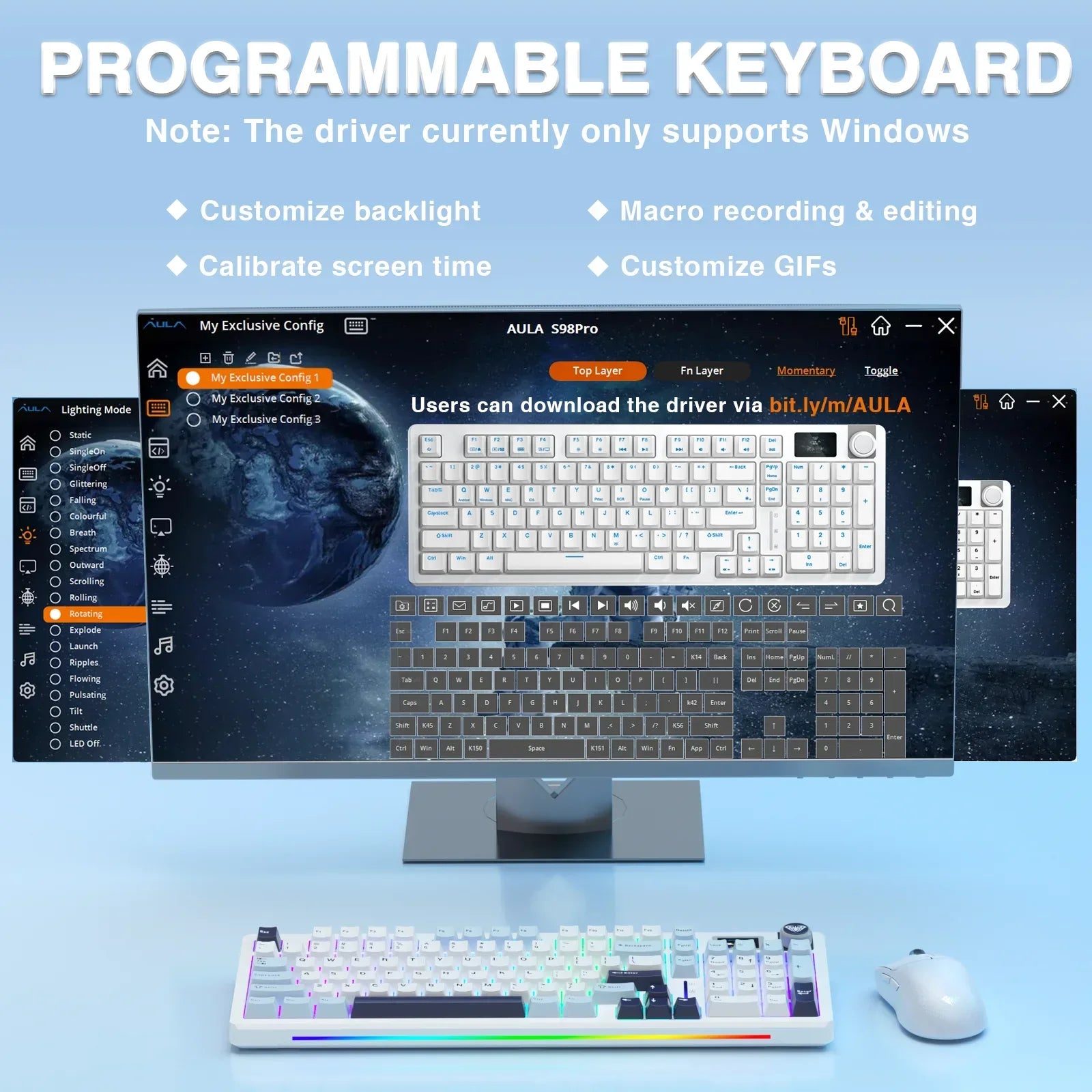 AULA S98pro Wireless Mechanical Keyboard Gasket Hot-swap Gaming Keyboard with Mini TFT Color Screen and Multi-function Knob - Evallys.com