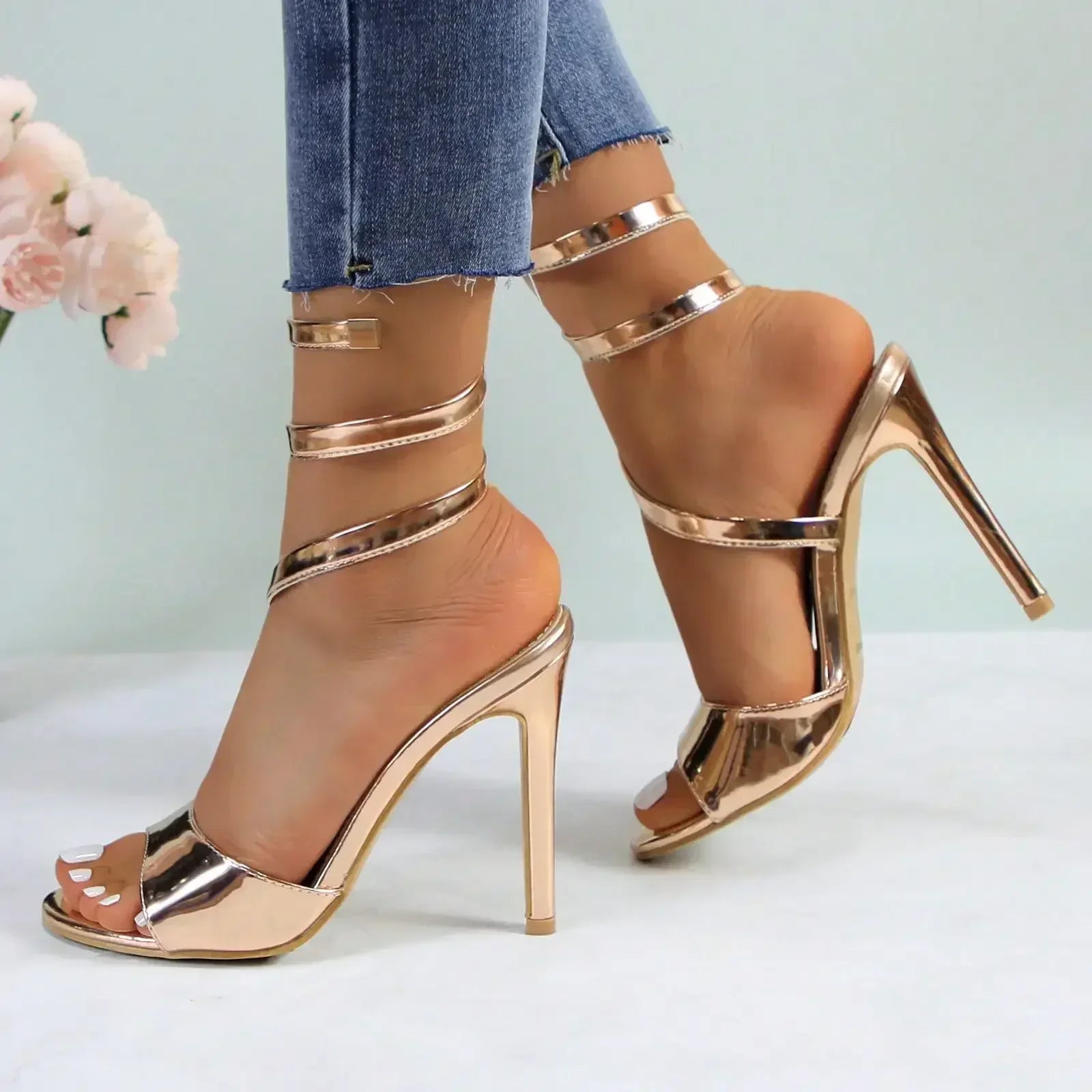 GLAZE Women's Strappy Gold Stilettos - Lace-Up Ankle Wrap Heels with Cushioned Insole for Parties & Formal Events - Evallys.com