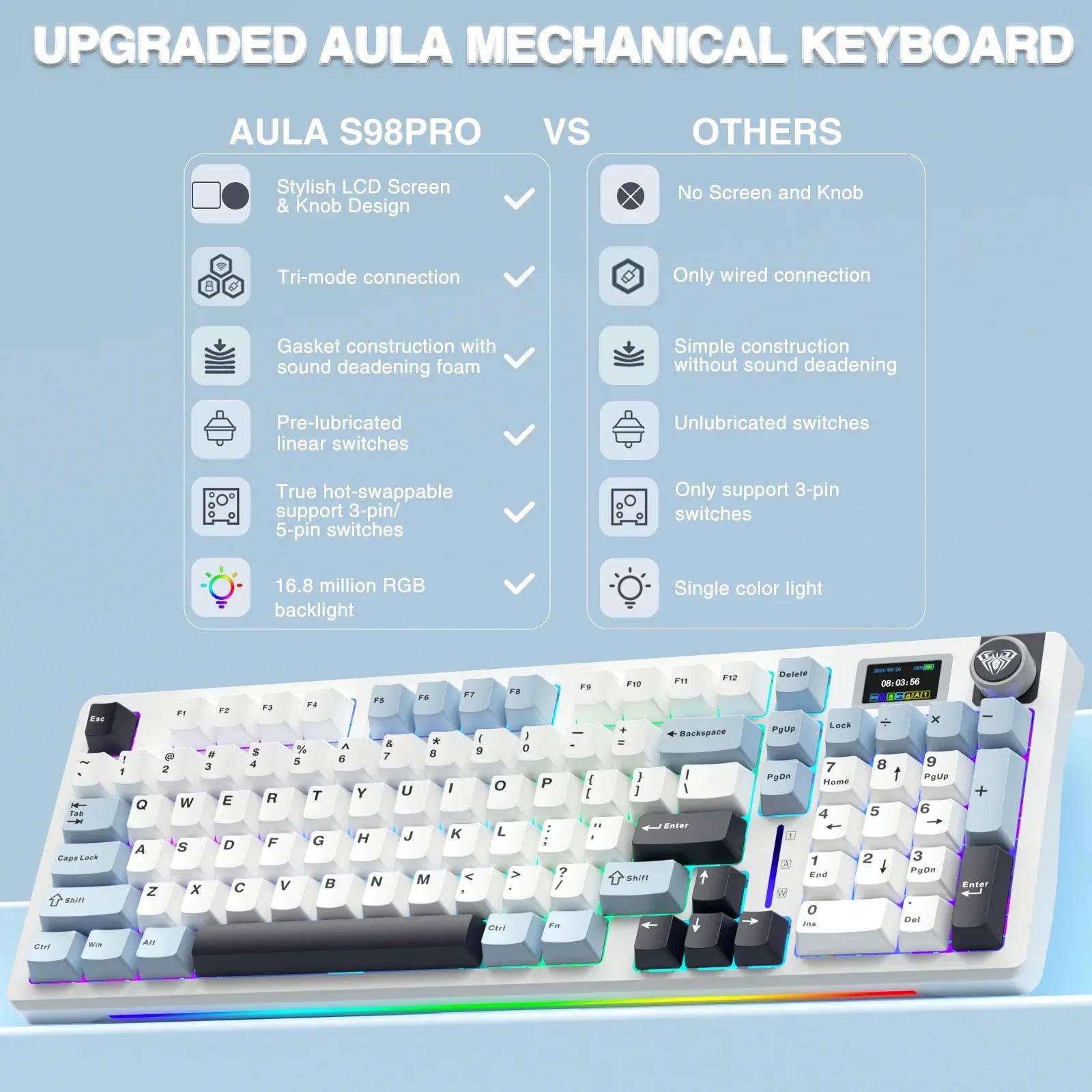 AULA S98pro Wireless Mechanical Keyboard Gasket Hot-swap Gaming Keyboard with Mini TFT Color Screen and Multi-function Knob - Evallys.com