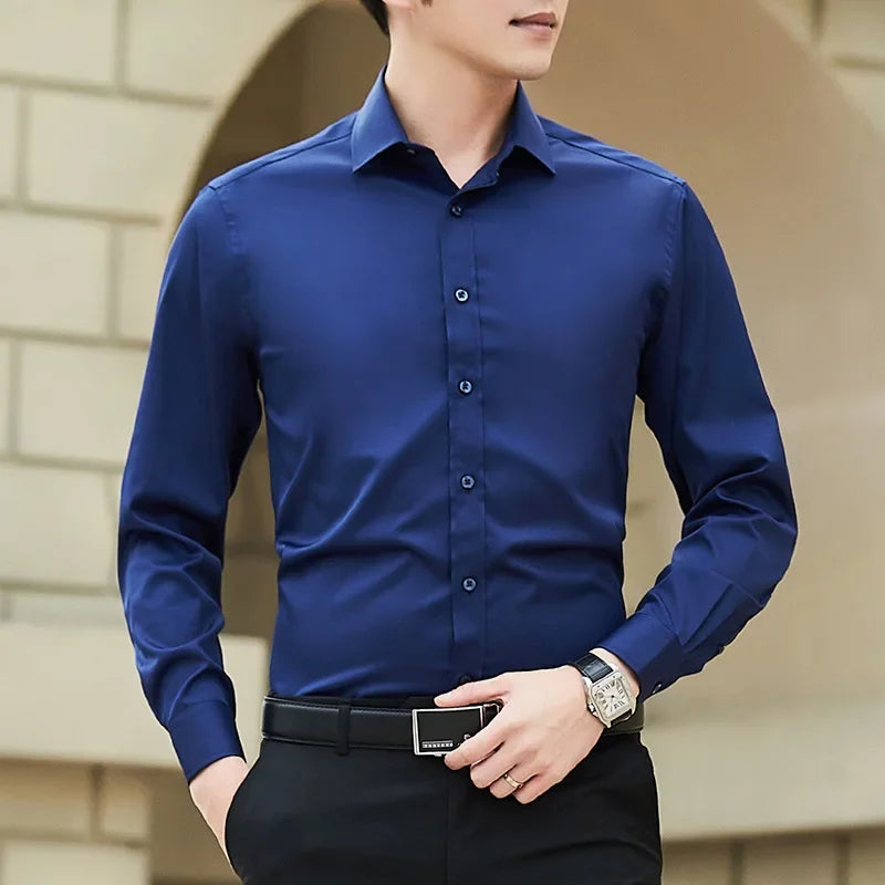 New Plus Size Men Solid Color Business Shirt Fashion Classic Basic Casual Slim White Long Sleeve Shirt Brand Clothes - Evallys.com