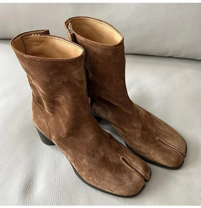 2024 Autumn Winter Soft Leather Split toe Tabi Women Ankle Boots Fashion Thick High heels Chunky Shoes Ins Style Short Booties - Evallys.com