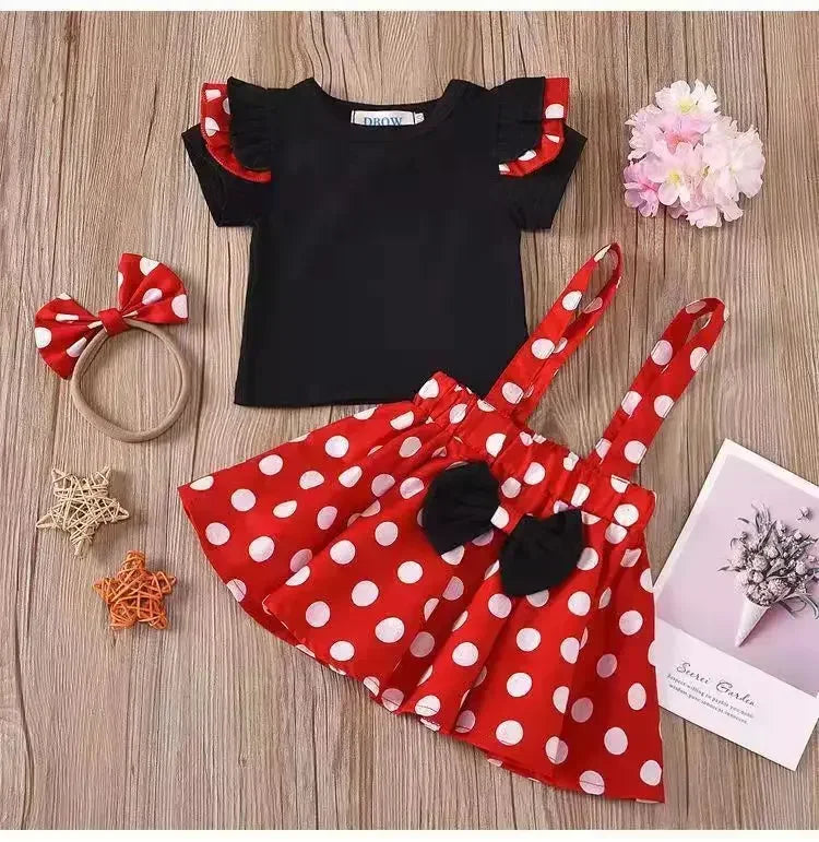 Minnie Mouse Girl Suit Children's Dress Baby Clothes Set Summer Birthday Costume Polka Dot Sundress Bow Headband Skirt Set - Evallys.com