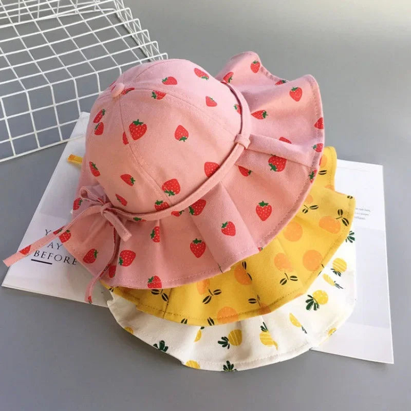 Summer Baby Girl Hat Cotton Fruit Kids Bucket Hats Sun Protection Bowknot Princess Children Cap for Girls Beach Travel 1-3Y - Evallys.com