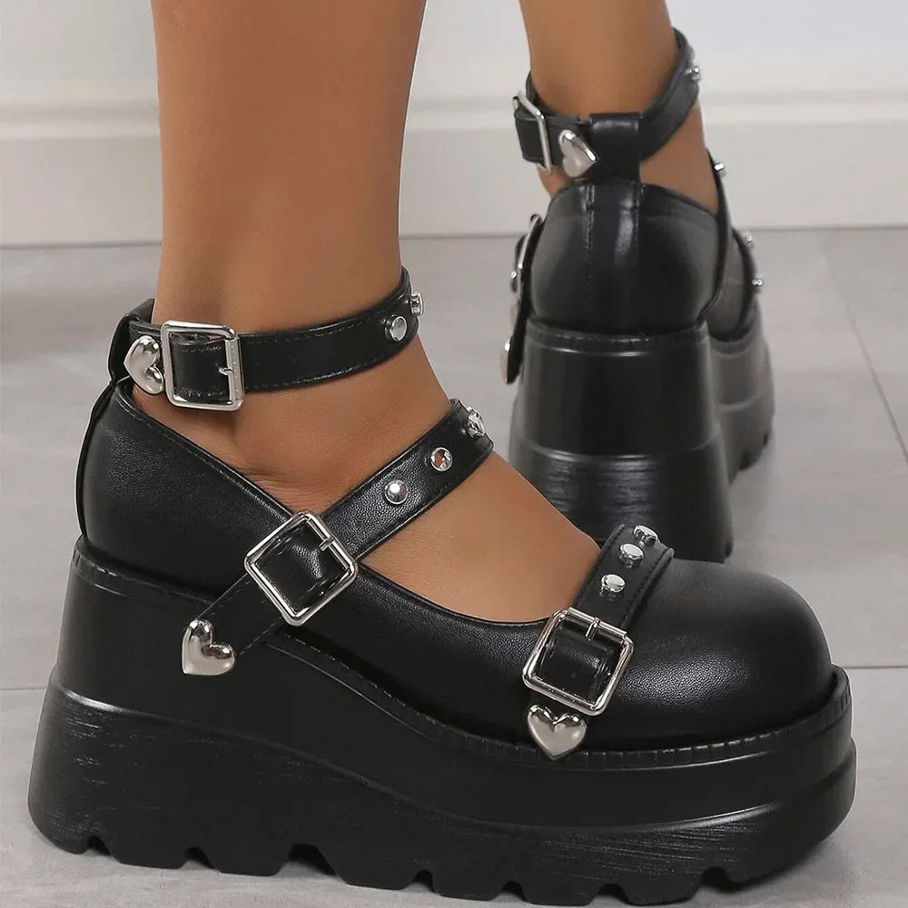 DoraTasia Retro INS Black Round Toe Heel Studded Punk Nightclub Ladies Mary Jane Y2 Lace Buckle Lolita Women's Shoes - Evallys.com