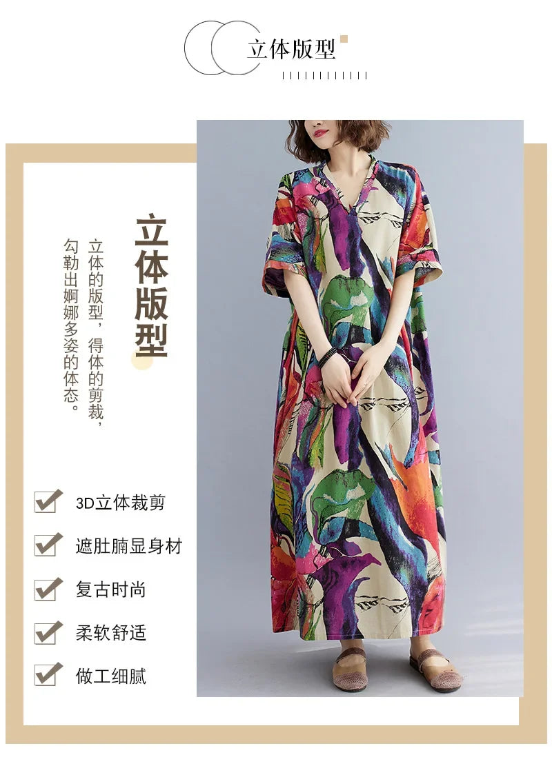 Vintage Floral Cotton Linen Maxi Dress – Oversized Boho Summer Wear - Evallys.com