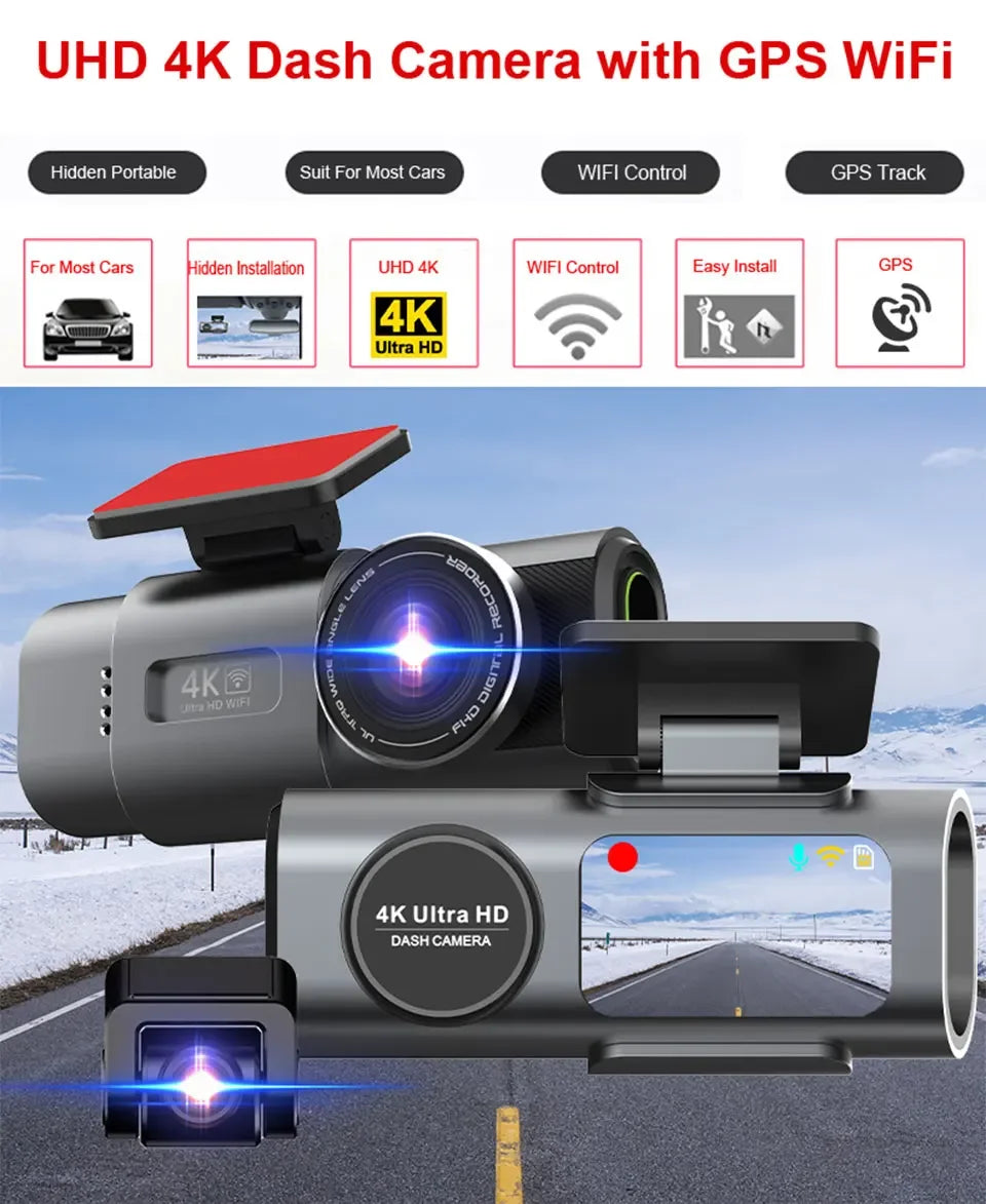 Dash Cam Dual Lens 4K UHD Recording Car Camera DVR Night Vision Video Recorder Built-In Wi-Fi Support GPS 24H Parking - Evallys.com