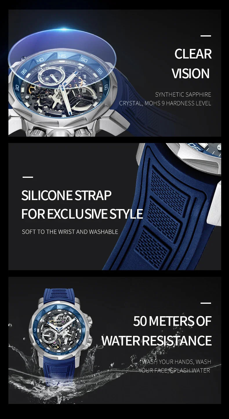 FEICE 2025 new double-sided skeleton trend men's automatic mechanical watch luminous waterproof-FM511 - Evallys.com