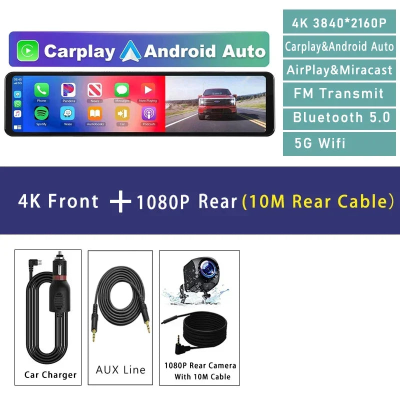 11.26" 4K 2160P Car Dvr Carplay Android Auto Dash Cam GPS WIFI BT FM Stream Rear View Mirror Dashcam Dvrs Camera Drive Recorder - Evallys.com