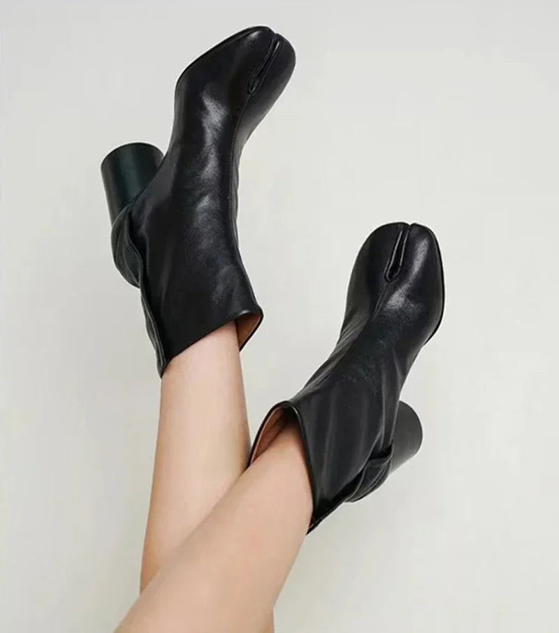 2024 Autumn Winter Soft Leather Split toe Tabi Women Ankle Boots Fashion Thick High heels Chunky Shoes Ins Style Short Booties - Evallys.com