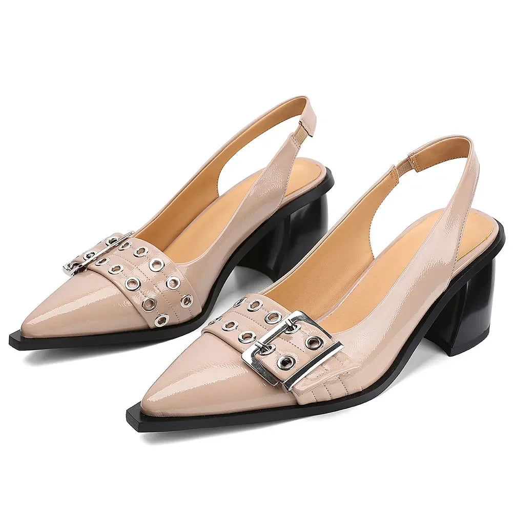 Women's Slingback Heels Block Chunky Heel Comfortable Pointed Toe Pumps Wide Metal Buckle Strap Office Party Dress Shoes Woman - Evallys.com