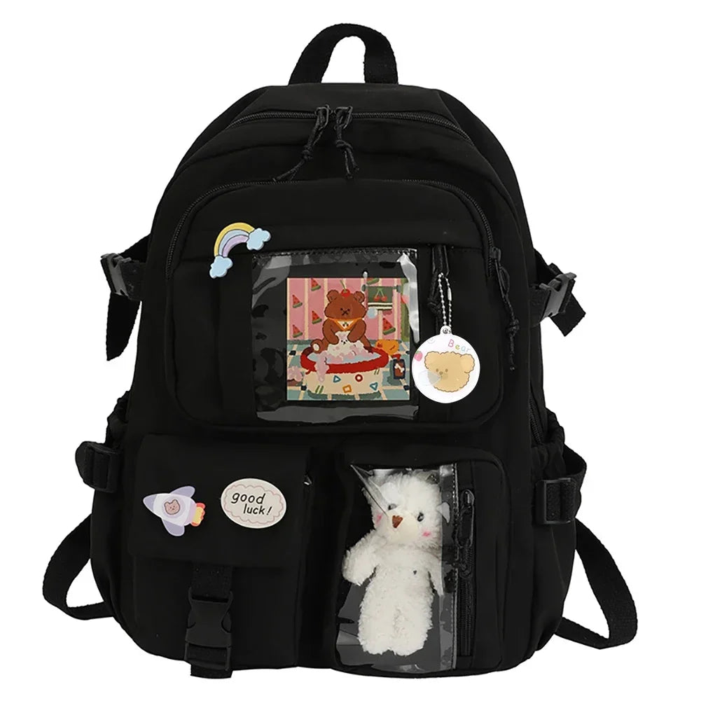Student Schoolbag Nylon College Student Rucksack with Plush Pendant Pin Cute Kawaii Large Capacity Japanese Style for Teen Girls - Evallys.com