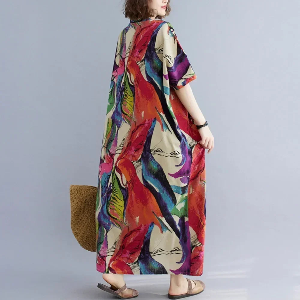 Vintage Cotton Summer Maxi Dress – Harajuku Floral Beachwear - Evallys.com