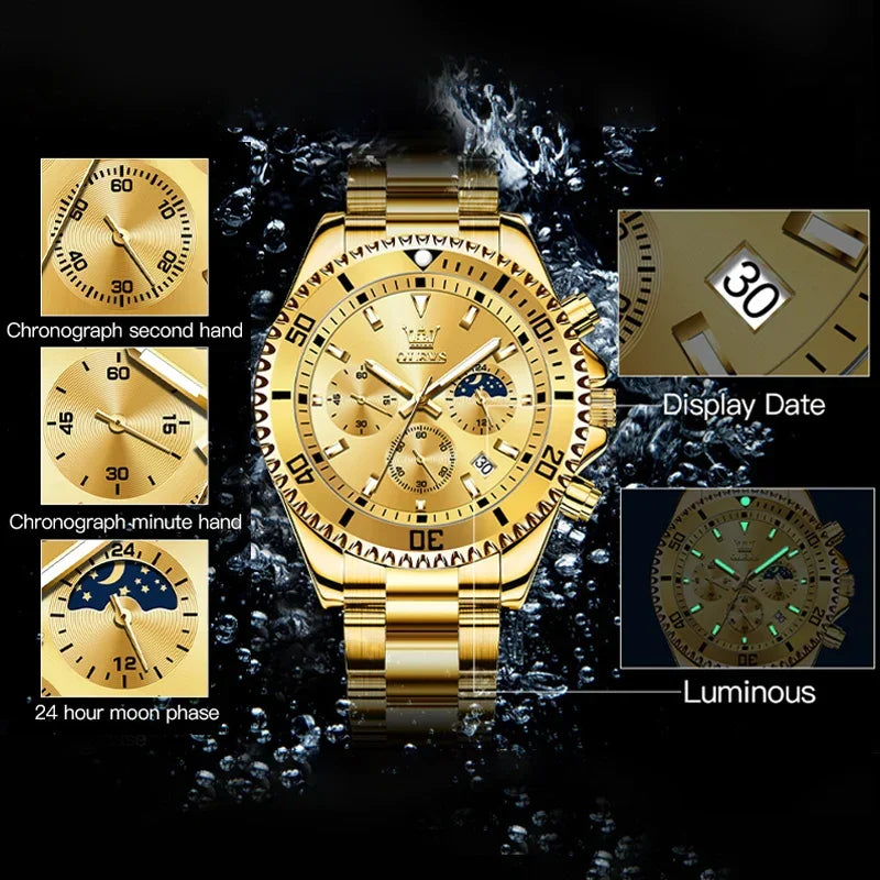 OLEVS Men's Watches Top Brand Luxury Watch for Men Original Waterproof Stainless Steel Chronograph Moon Phase Date Rota Dial - Evallys.com