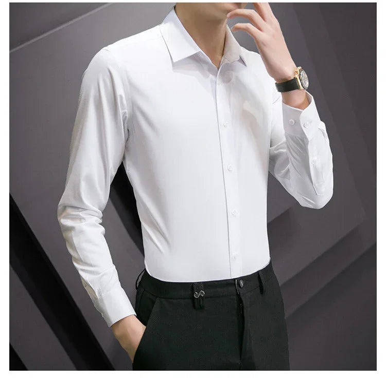 New Plus Size Men Solid Color Business Shirt Fashion Classic Basic Casual Slim White Long Sleeve Shirt Brand Clothes - Evallys.com