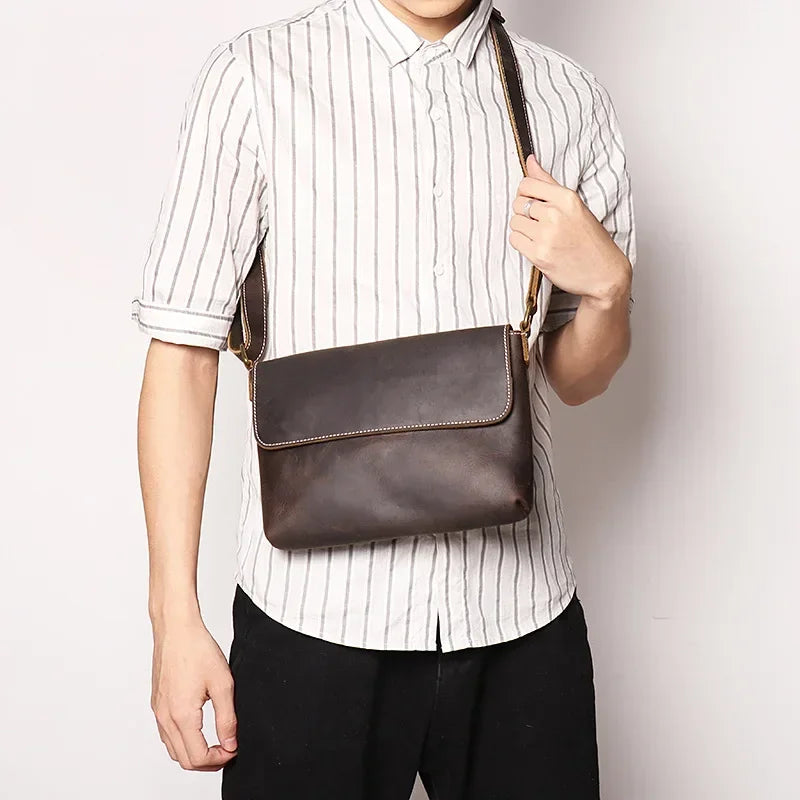Crazy Horse Leather Men's Shoulder Bag Genuine Leather Small Bag Crossbody Cowhide Bag for Man High Quality Men Satchel Bags - Evallys.com