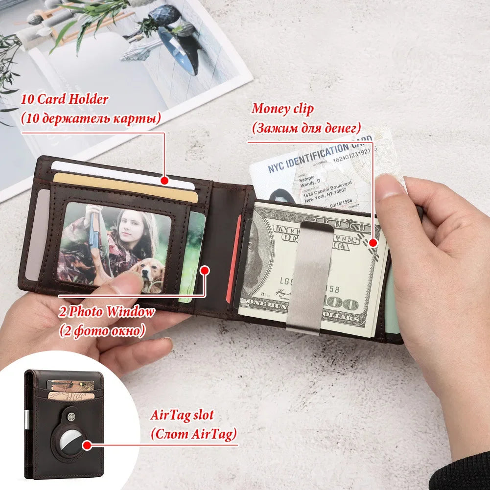 RFID Cowhide Leather Small Wallets AirTag high quality Man's Card Holders Short Wallets Money Clips Women - Evallys.com