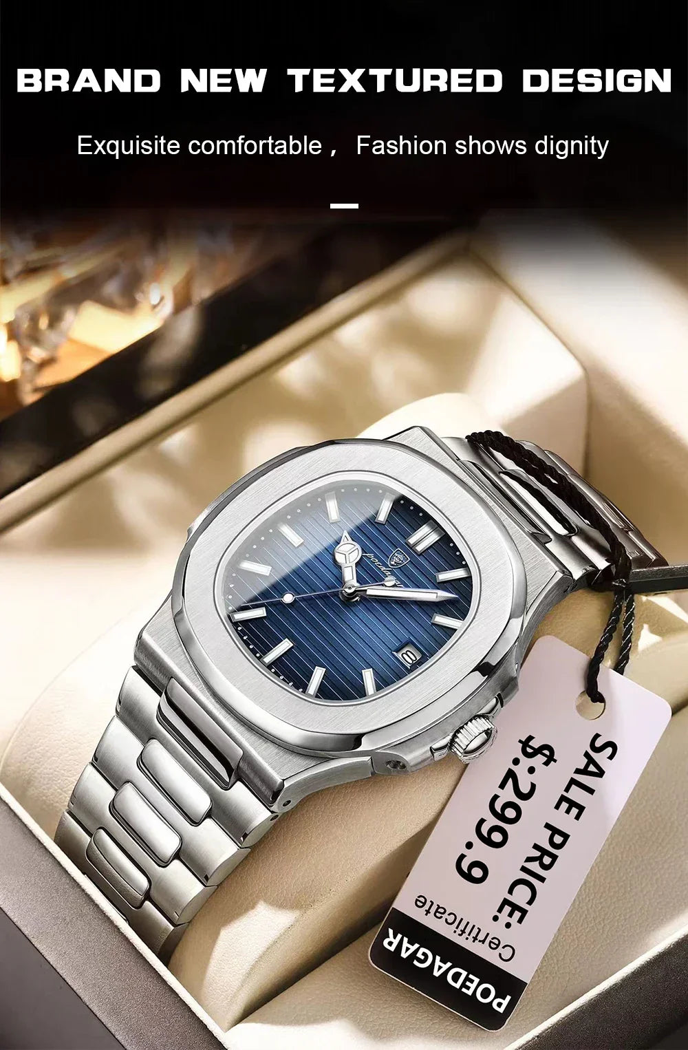 POEDAGAR Luxury Casual Watch Top Brand Fashion Square Dial Stainless Steel Calendar Luminous Waterproof Men Watch Male Clock+Box - Evallys.com