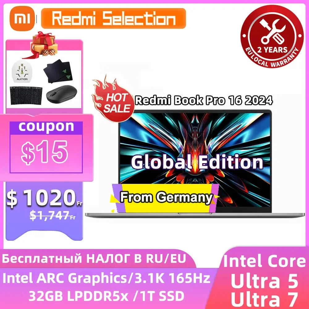 Xiaomi laptop 2024 RedmiBook Pro 16 Core Ultra 5-125H/Ultra 7-155H ARC Graphics 32GB DDR5 1TB SSD 16-inch 3.1K 165hz Screen Pc - Evallys.com