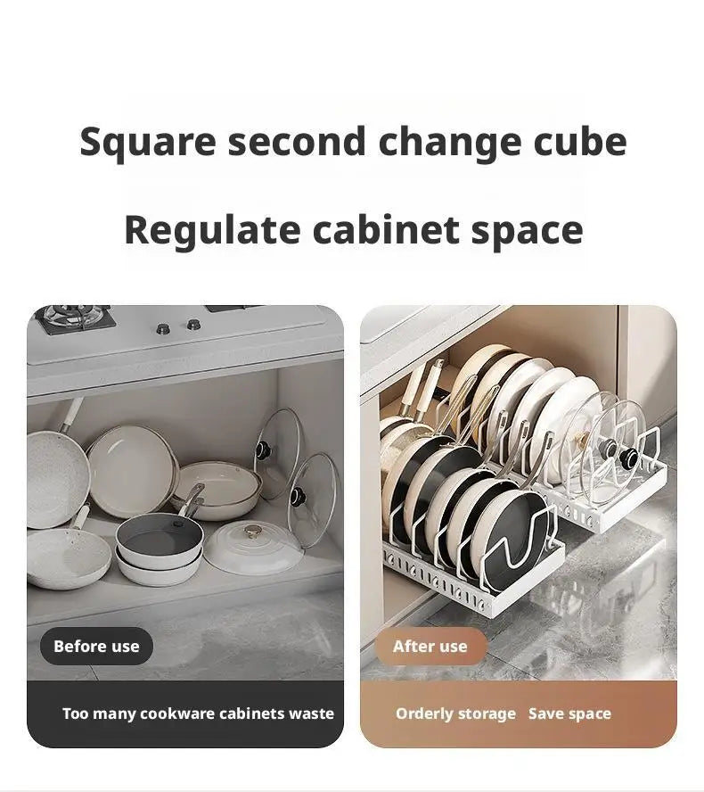 Pots and Pans Organizer Under Cabinet Sliding Pot Lid Storage Holder Kitchen Adjustable Slide Out Dish Pan Storage Rack Shelf