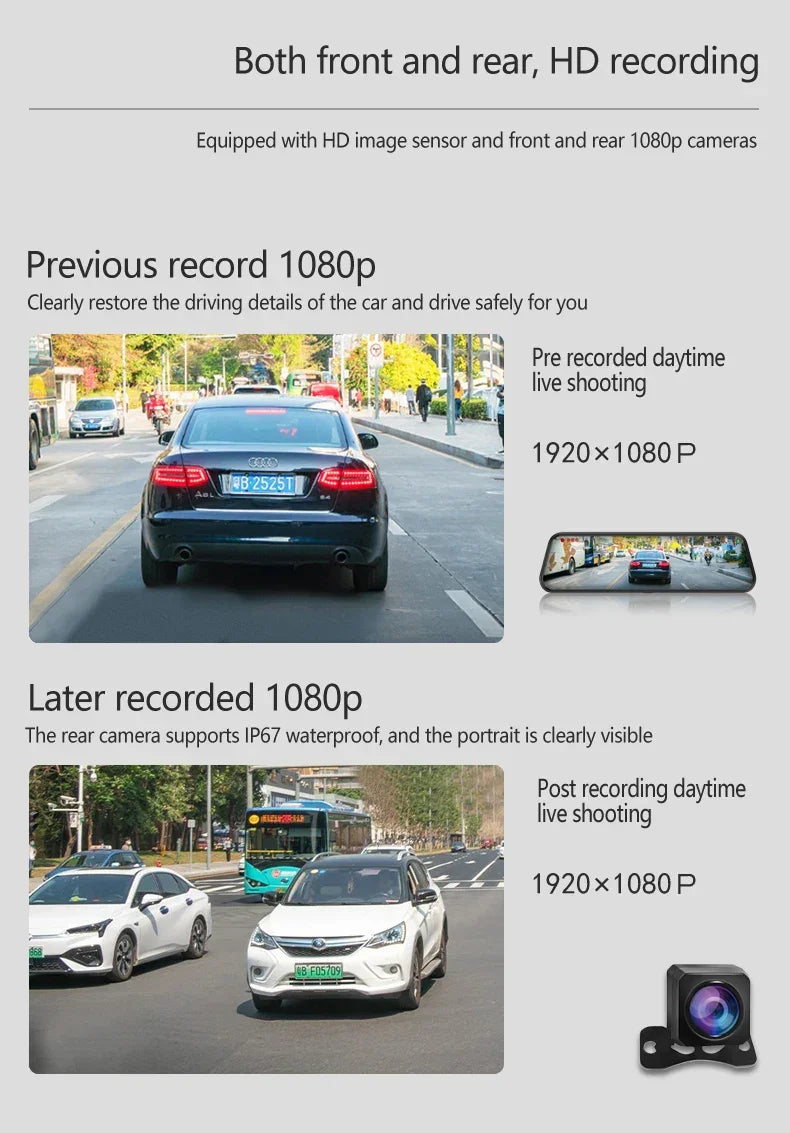 10 Inch Mirror Camera for Car Touch Screen Video Recorder Rearview Mirror Dash Cam Front and Rear Camera Mirror DVR Black Box - Evallys.com