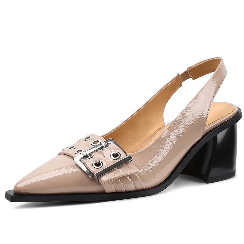 Women's Slingback Heels Block Chunky Heel Comfortable Pointed Toe Pumps Wide Metal Buckle Strap Office Party Dress Shoes Woman - Evallys.com