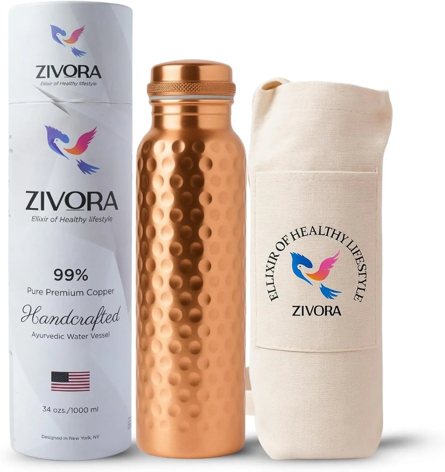 100% Pure Copper Water Bottle 34oz, Leak-Proof, Lab Tested, Enhances Taste, Ideal for Yoga & Fitness