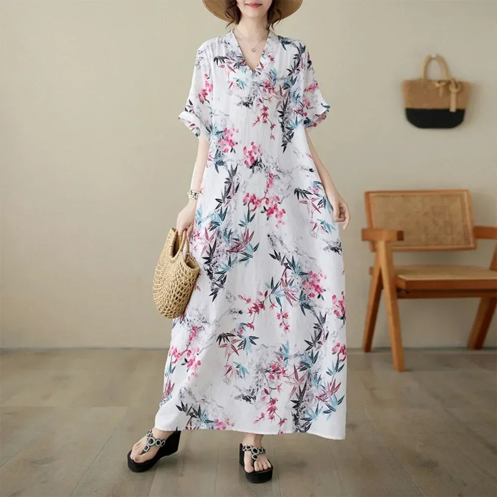 Vintage Cotton Summer Maxi Dress – Harajuku Floral Beachwear - Evallys.com