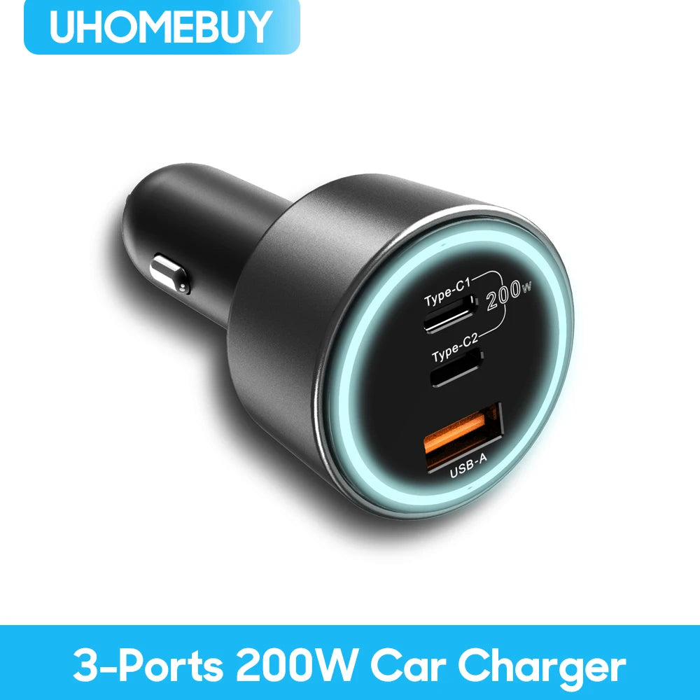 UHOMEBUY 200W Car Charger USB Type C Fast Charger 100W 65W 45W 20W PPS PD QC3.0 Quick Charger for Laptop iPhone 15 Samsung S23